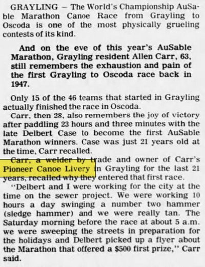Au Sable Canoe (Carrs Pioneer Canoe Livery) - Jul 19 1981 Article